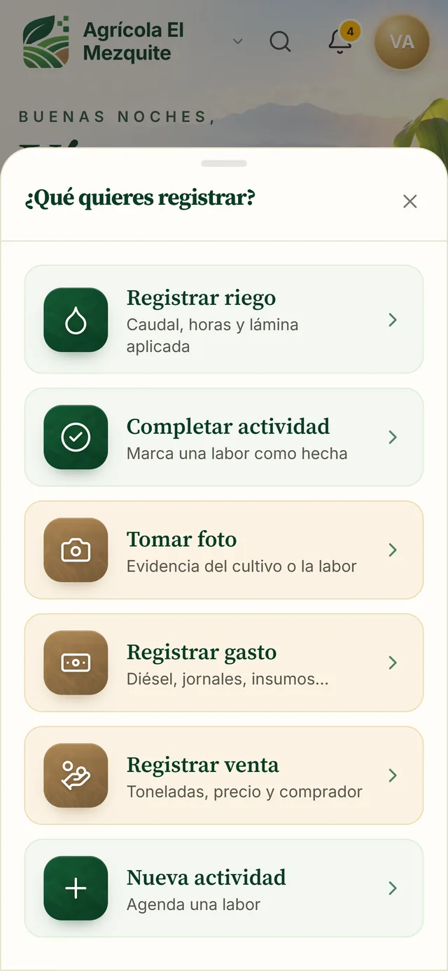 Menú para registrar riego, actividad, foto, gasto o venta